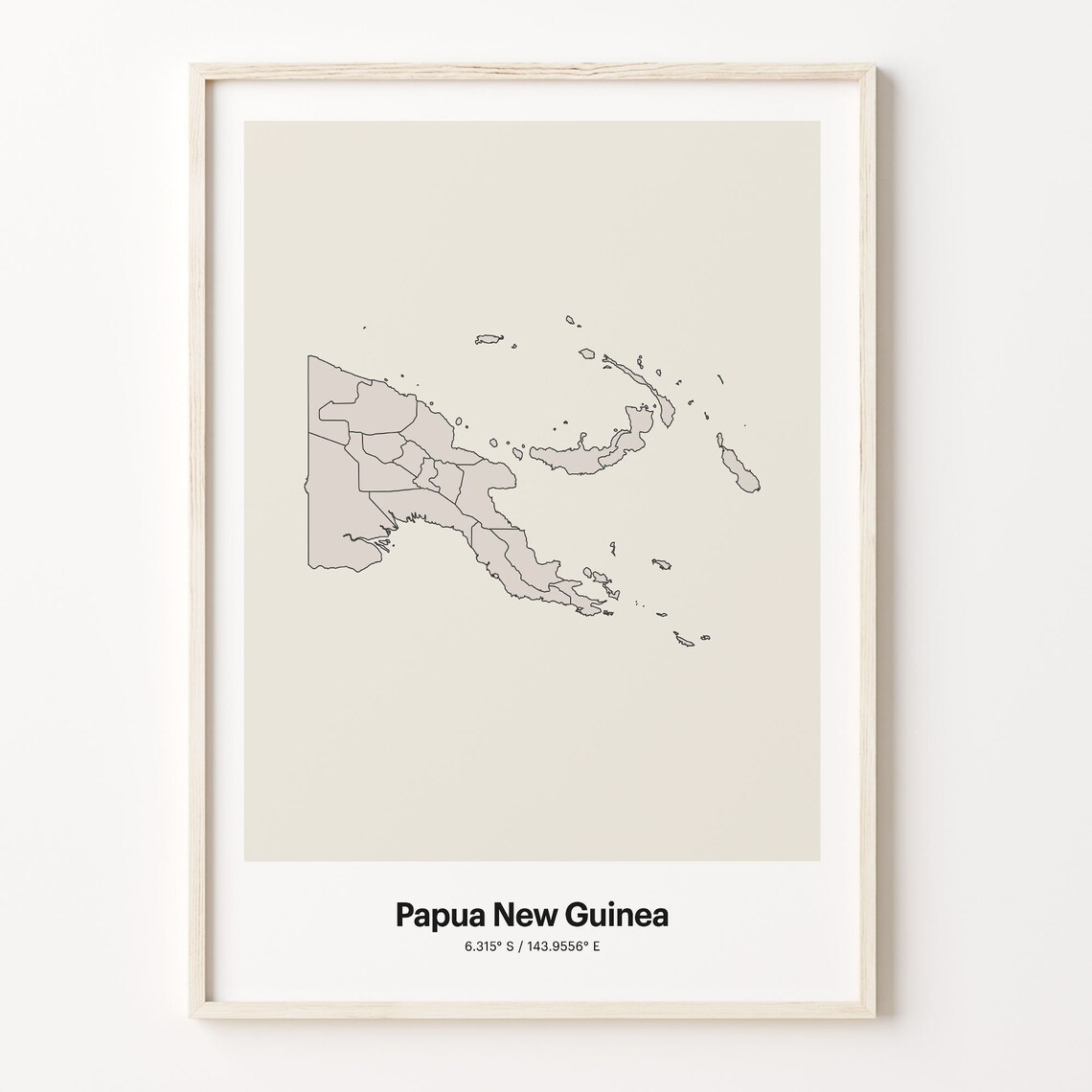 Papua New Guinea Country Map Beige Line Outline Minimalist Coordinates Poster