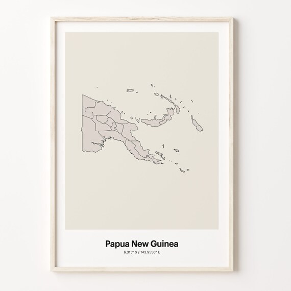 Papua New Guinea Country Map Beige Line Outline Minimalist Coordinates Poster