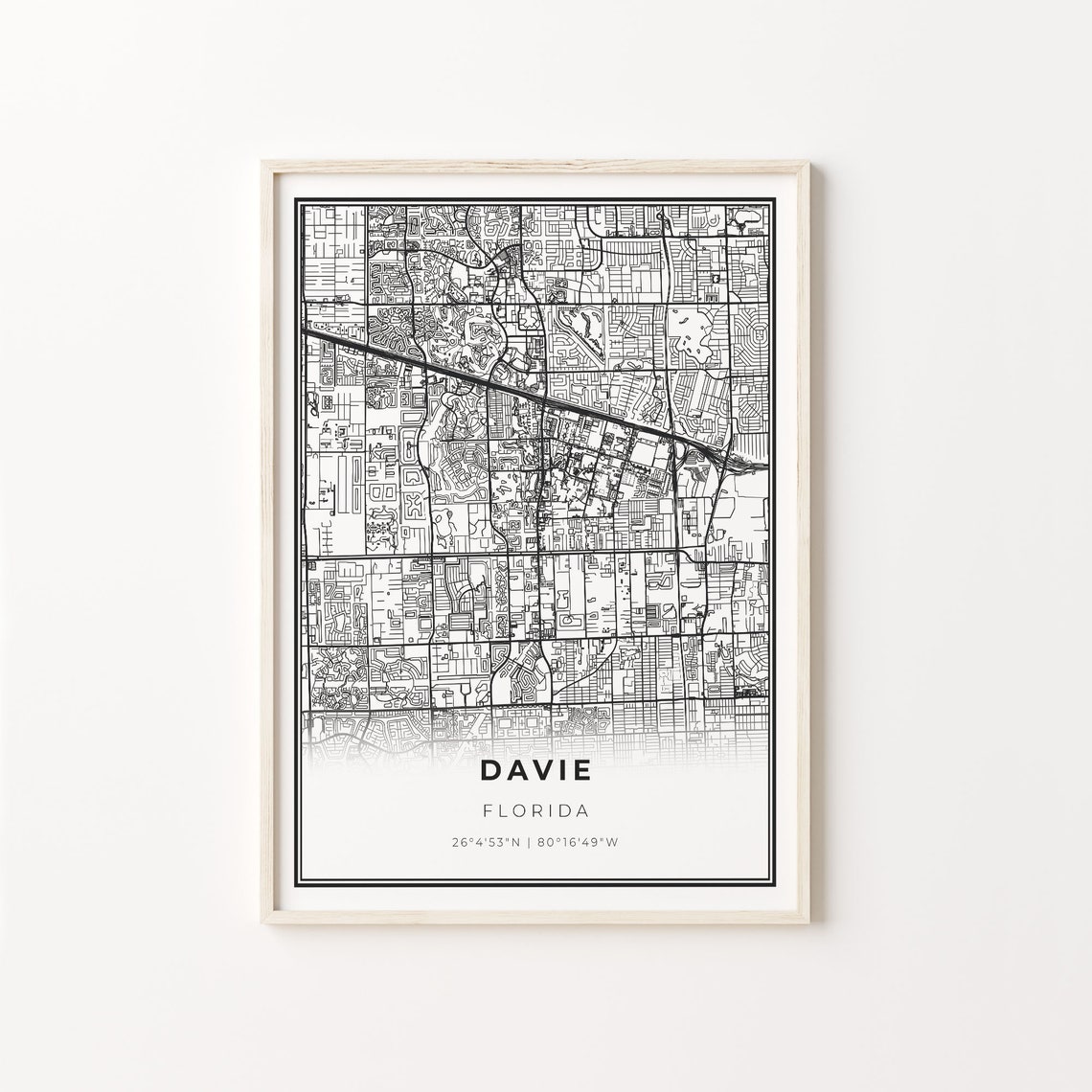 Davie Florida Minimalist Modern Black And White City Map Poster