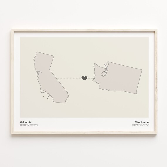 California Washington Long Distance Love Connection Heart Map Poster