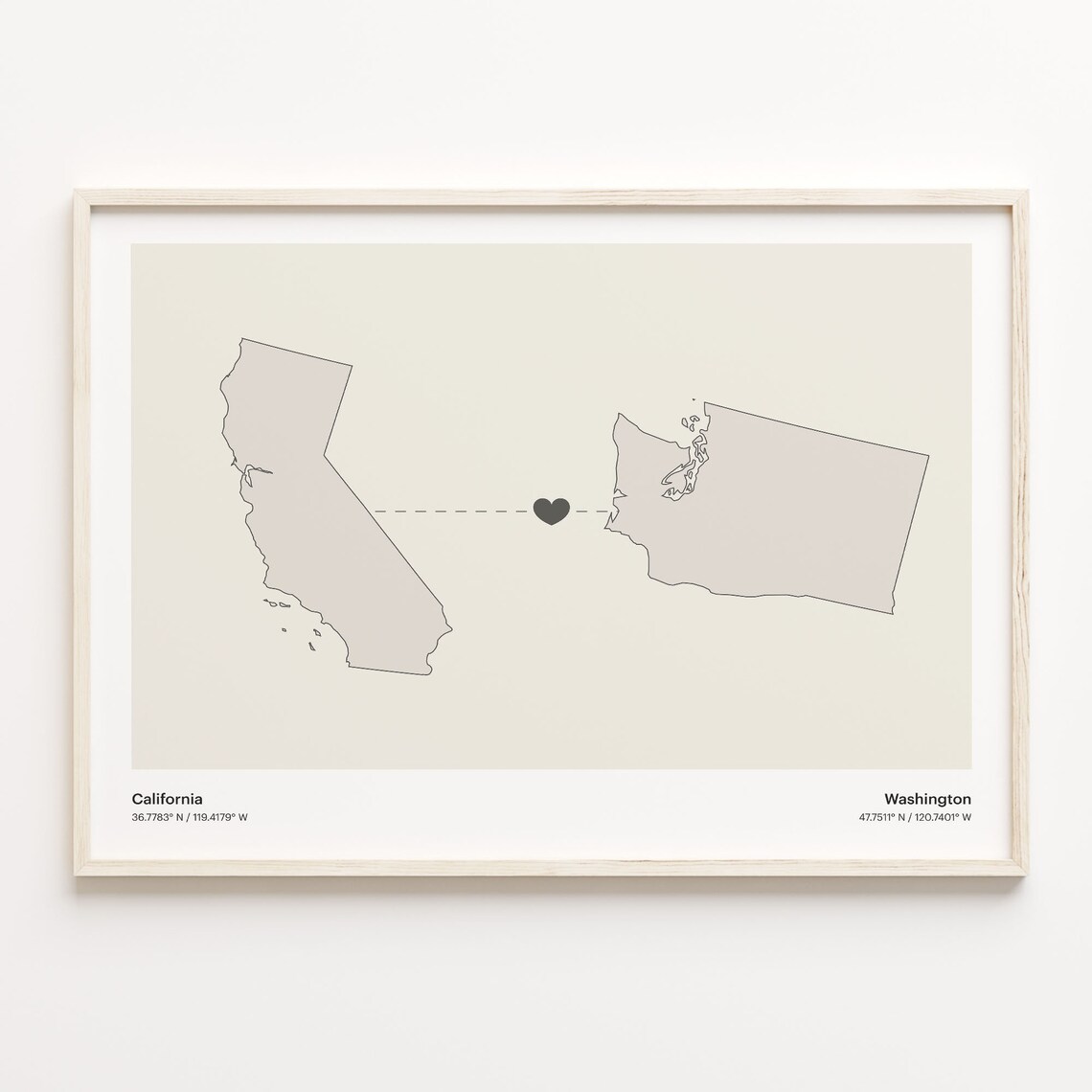 California Washington Long Distance Love Connection Heart Map Poster