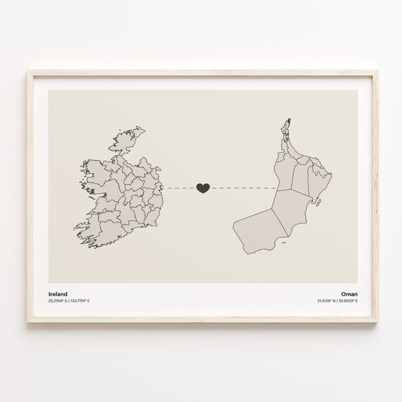 Ireland to Oman Long Distance Heart Map Minimalist Connection Poster