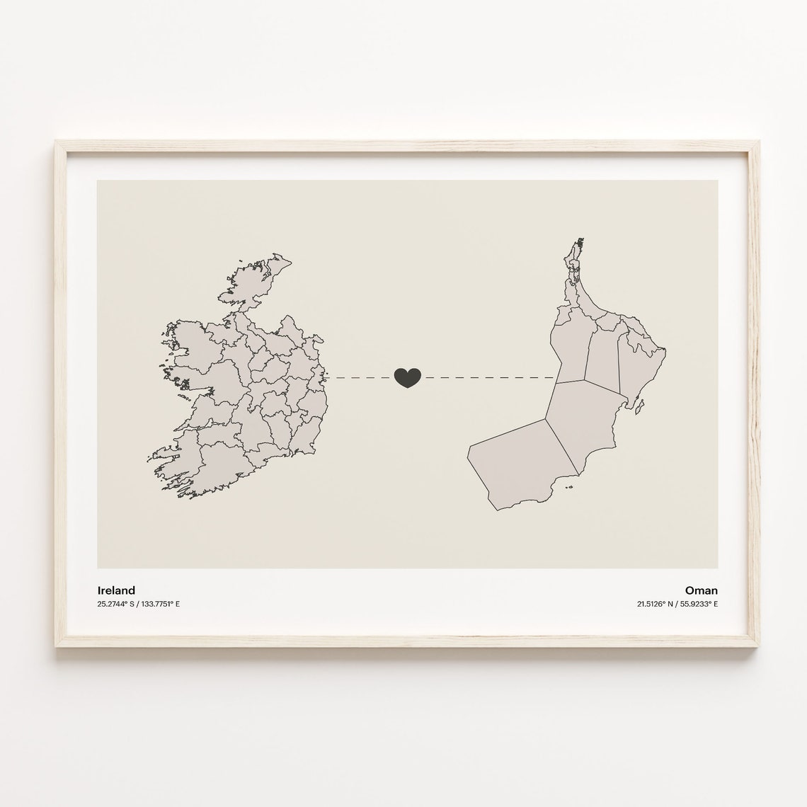 Ireland to Oman Long Distance Heart Map Minimalist Connection Poster