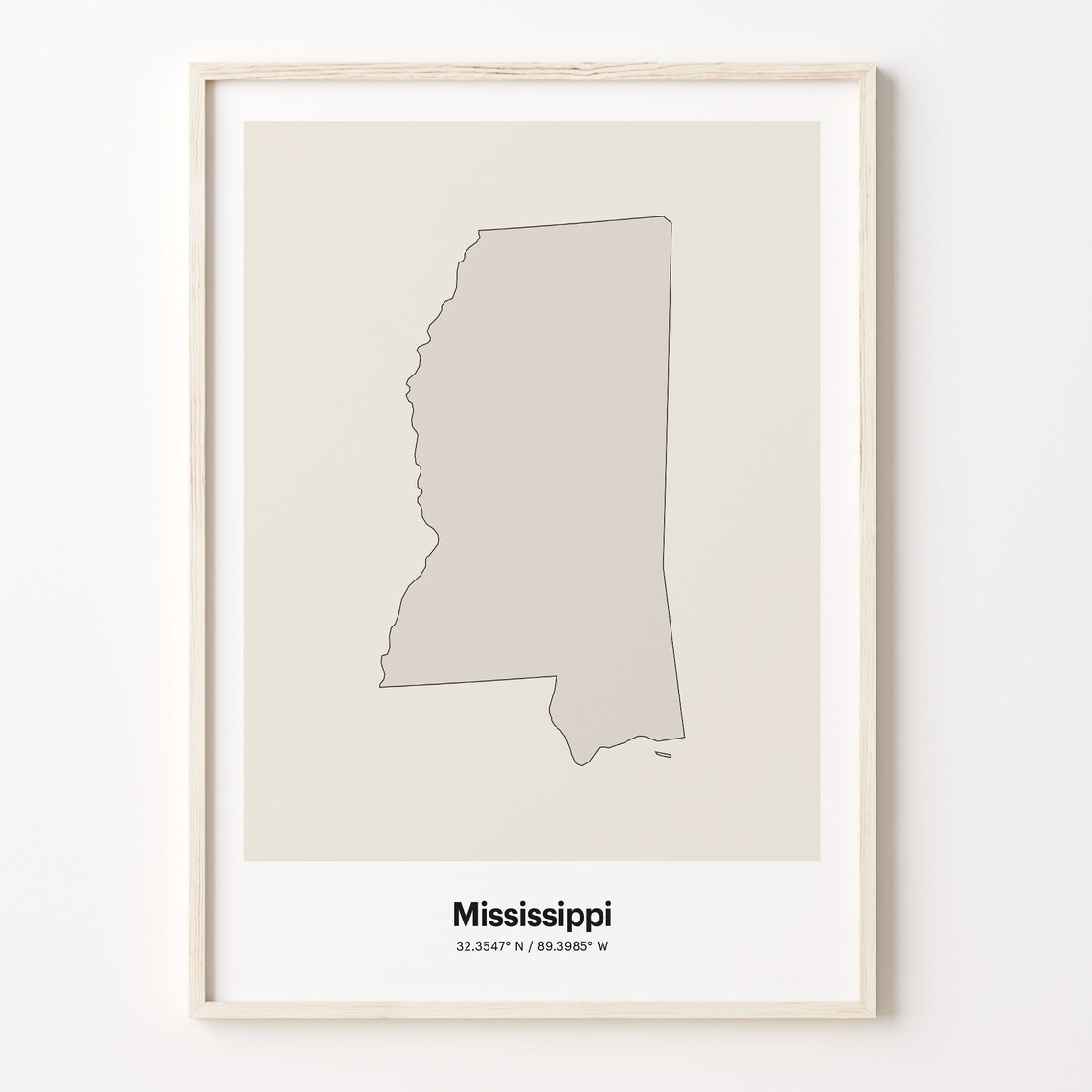 Mississippi Minimalist Country Outline Map Beige Coordinate Line Art Poster