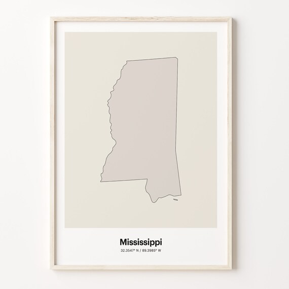 Mississippi Minimalist Country Outline Map Beige Coordinate Line Art Poster