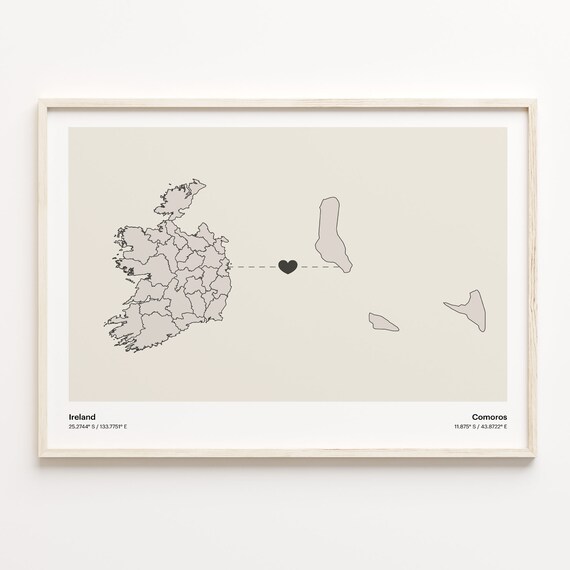 Ireland To Comoros Heart Connection Minimalist Beige Map Poster