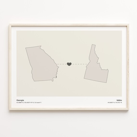 Georgia To Idaho Minimalist Heart State Map Connection Print