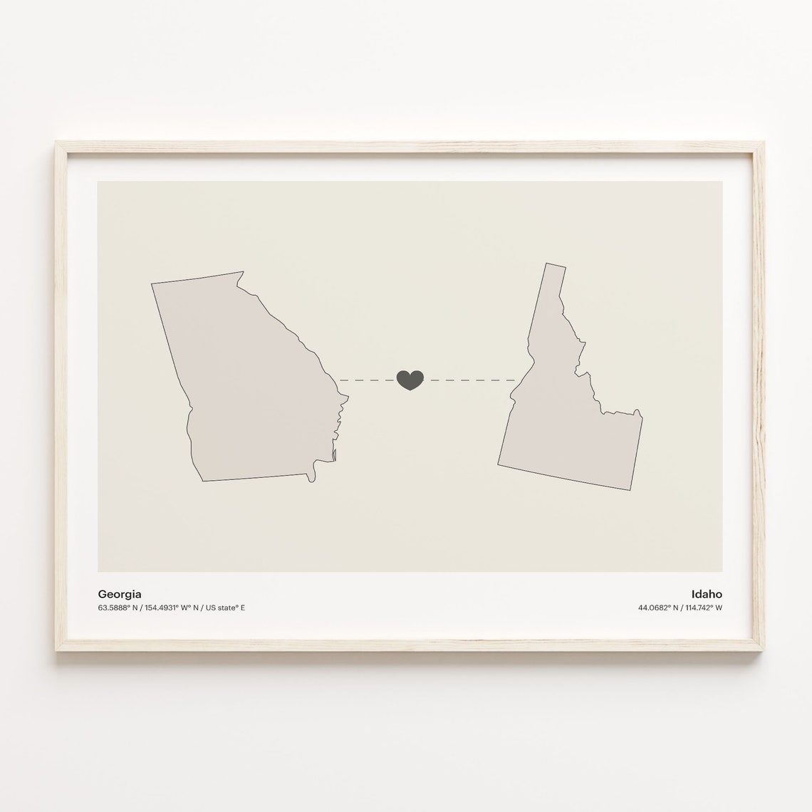 Georgia To Idaho Minimalist Heart State Map Connection Print