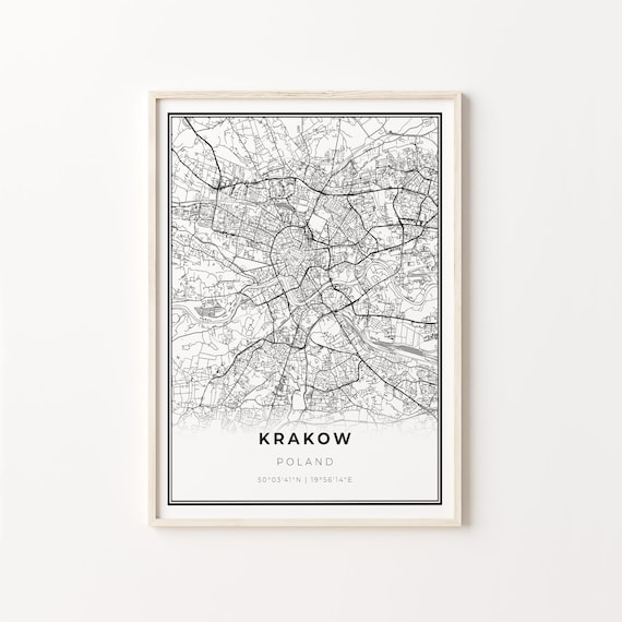 Krakow Poland Minimalist Black and White City Map Art Poster