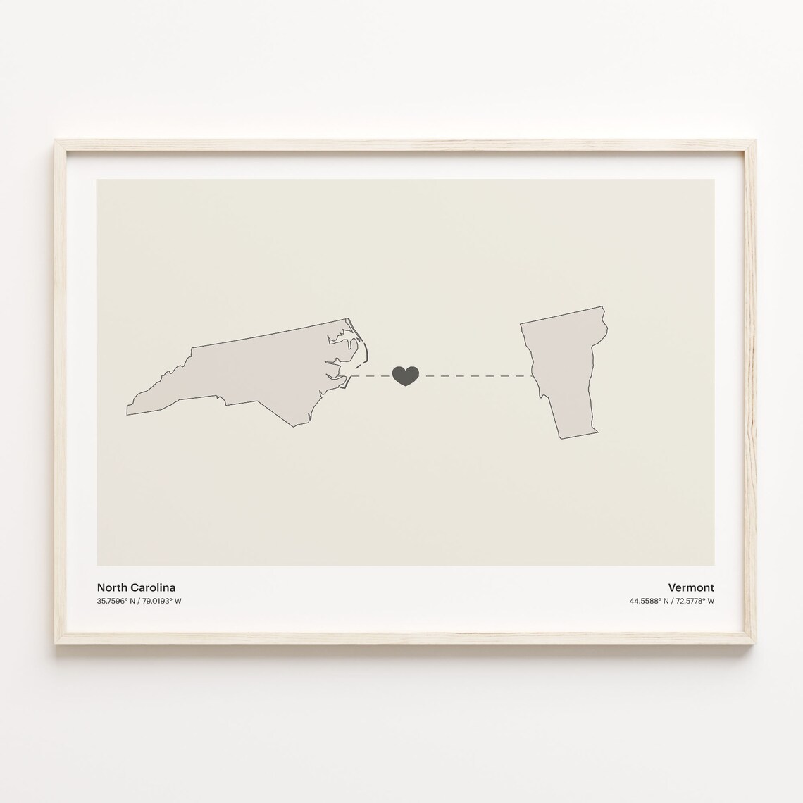North Carolina to Vermont Minimalist Long Distance Connection Map Poster