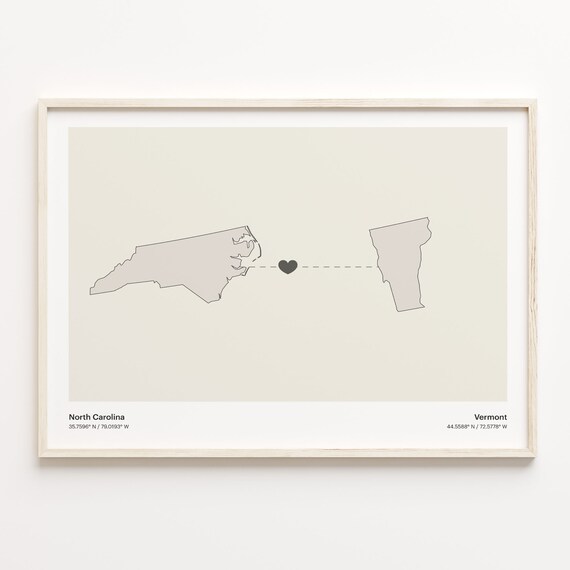 North Carolina to Vermont Minimalist Long Distance Connection Map Poster