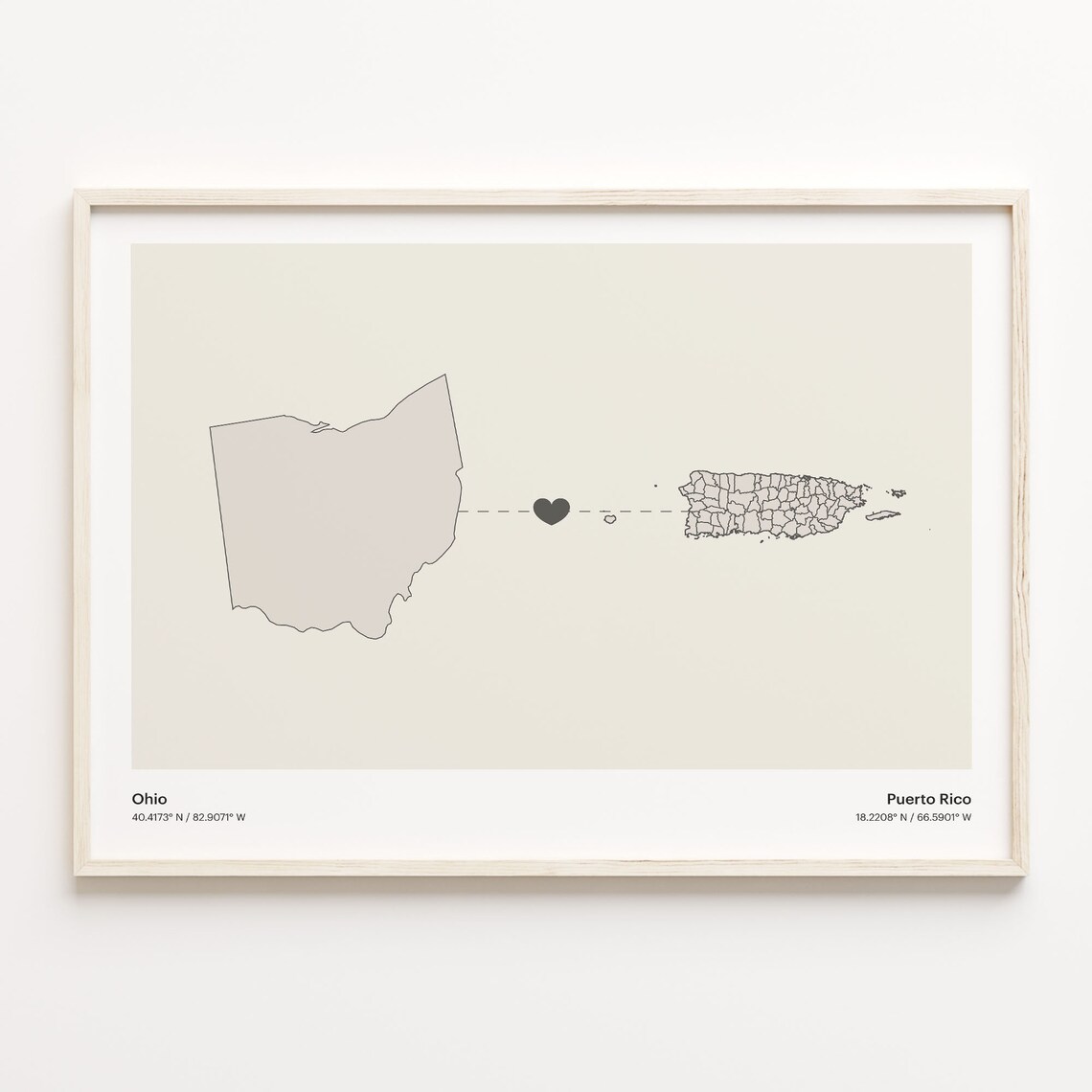 Ohio to Puerto Rico Minimalist Long Distance Connection Map Poster