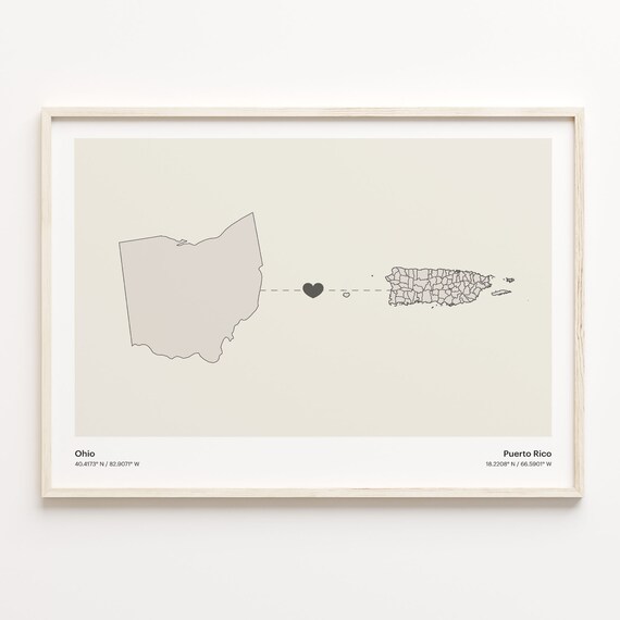 Ohio to Puerto Rico Minimalist Long Distance Connection Map Poster