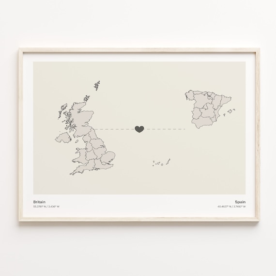 Britain to Spain Heart Connection Map Long Distance Gift Poster