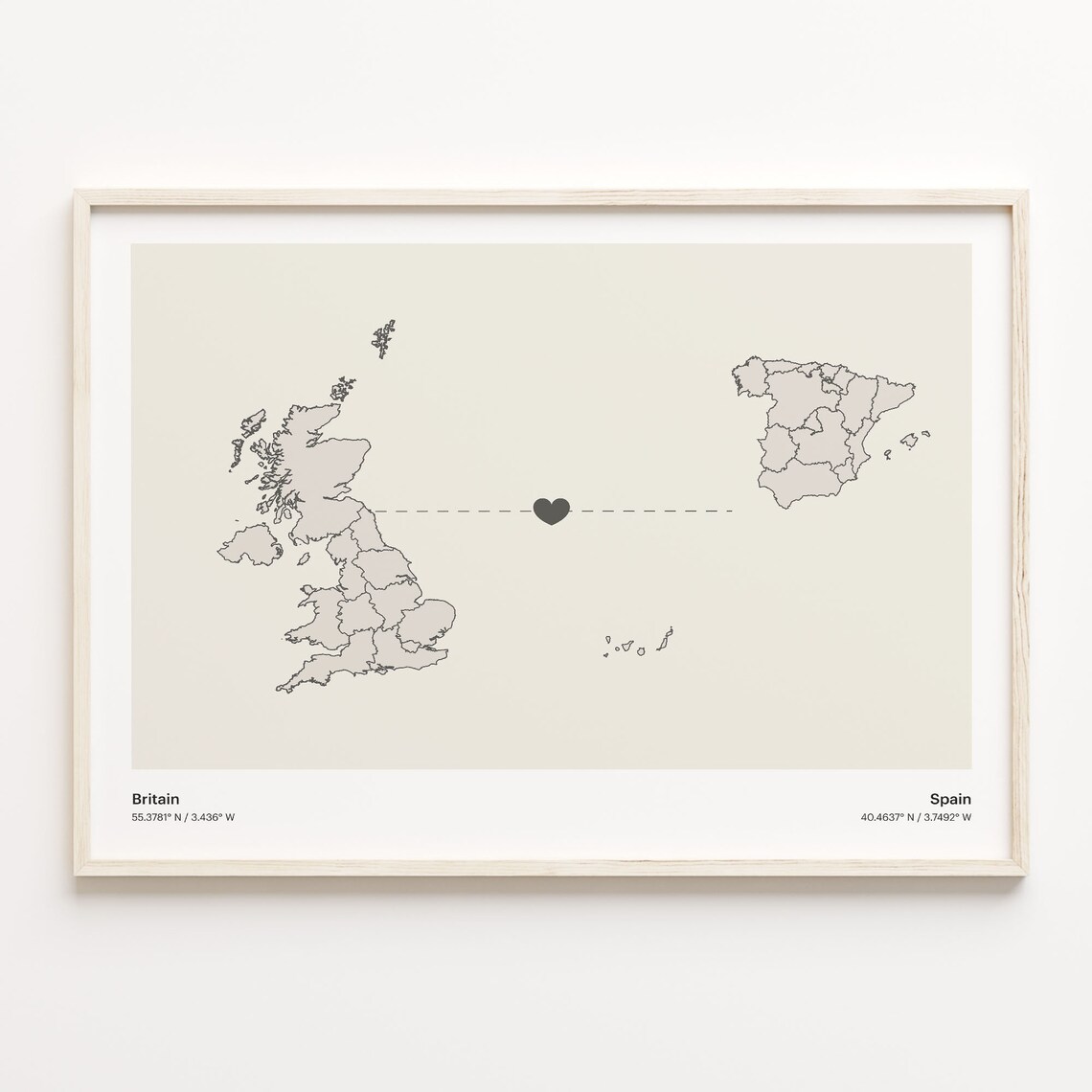 Britain to Spain Heart Connection Map Long Distance Gift Poster
