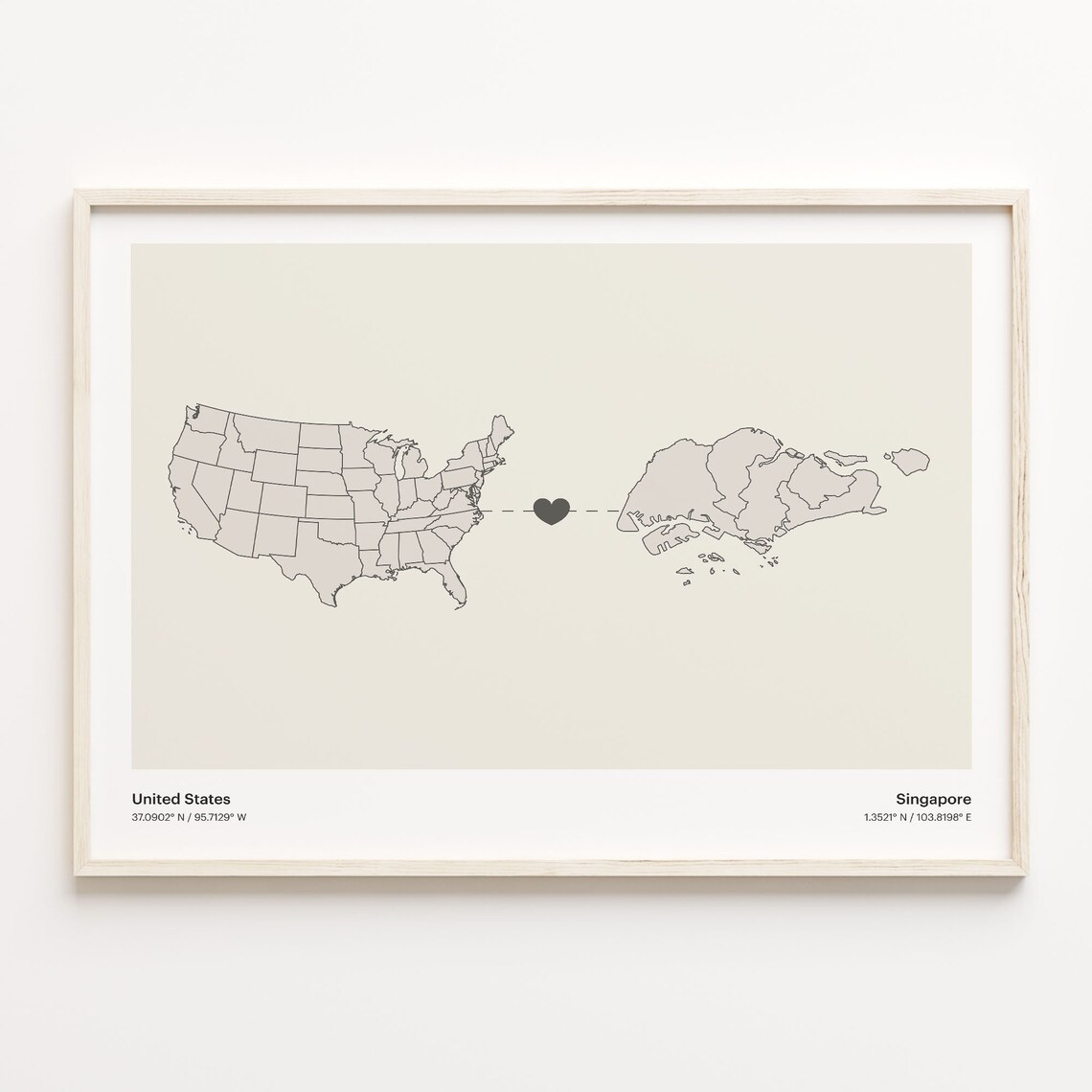United States and Singapore Long Distance Heart Map Connection Poster