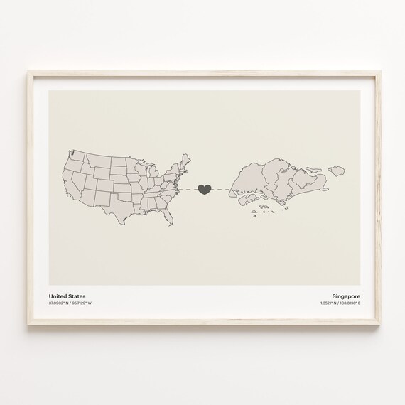 United States and Singapore Long Distance Heart Map Connection Poster