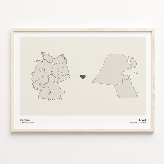 Germany To Kuwait Minimalistic Heart Love Connection Map Poster