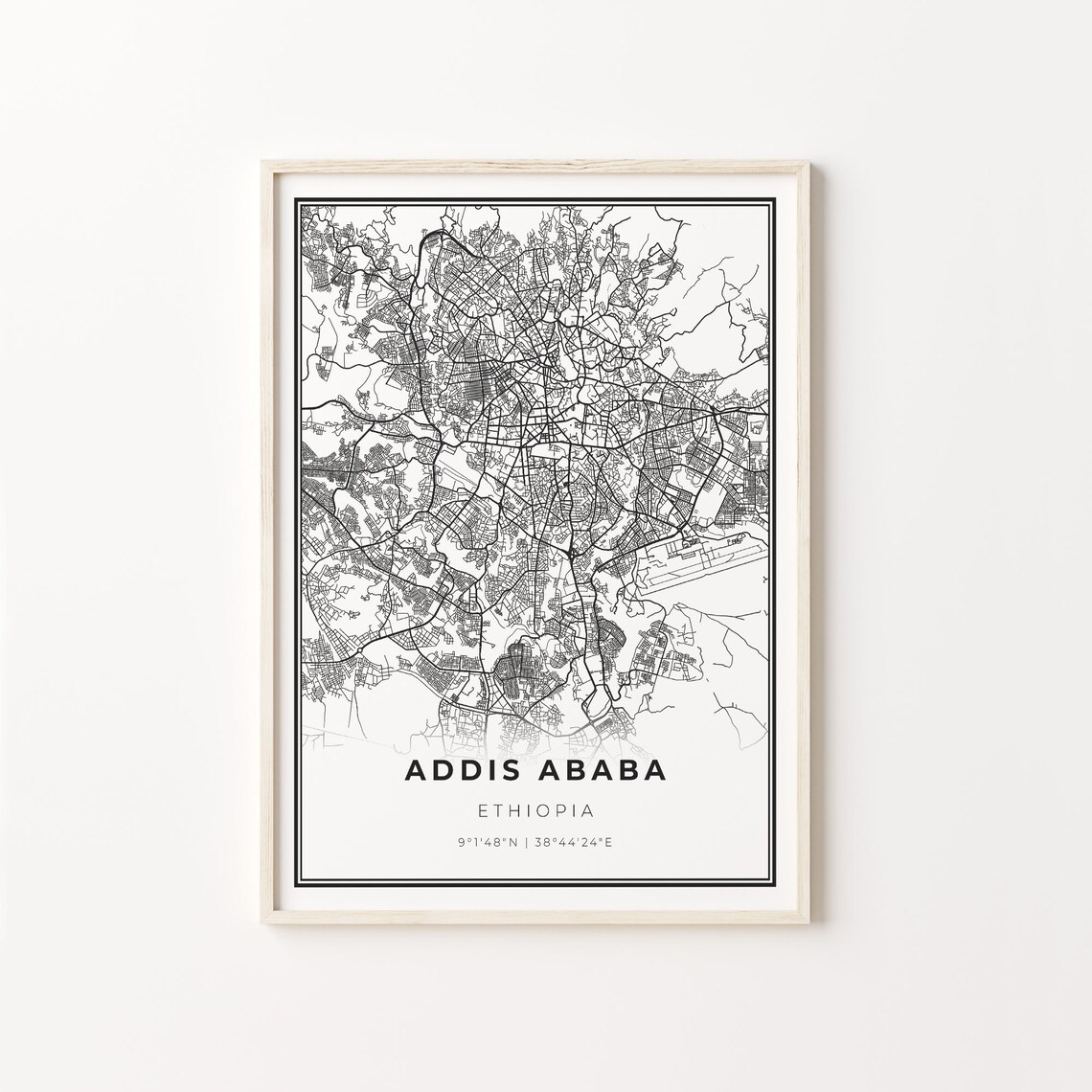 Addis Ababa Ethiopia City Map Black White Street Line Art Travel Poster
