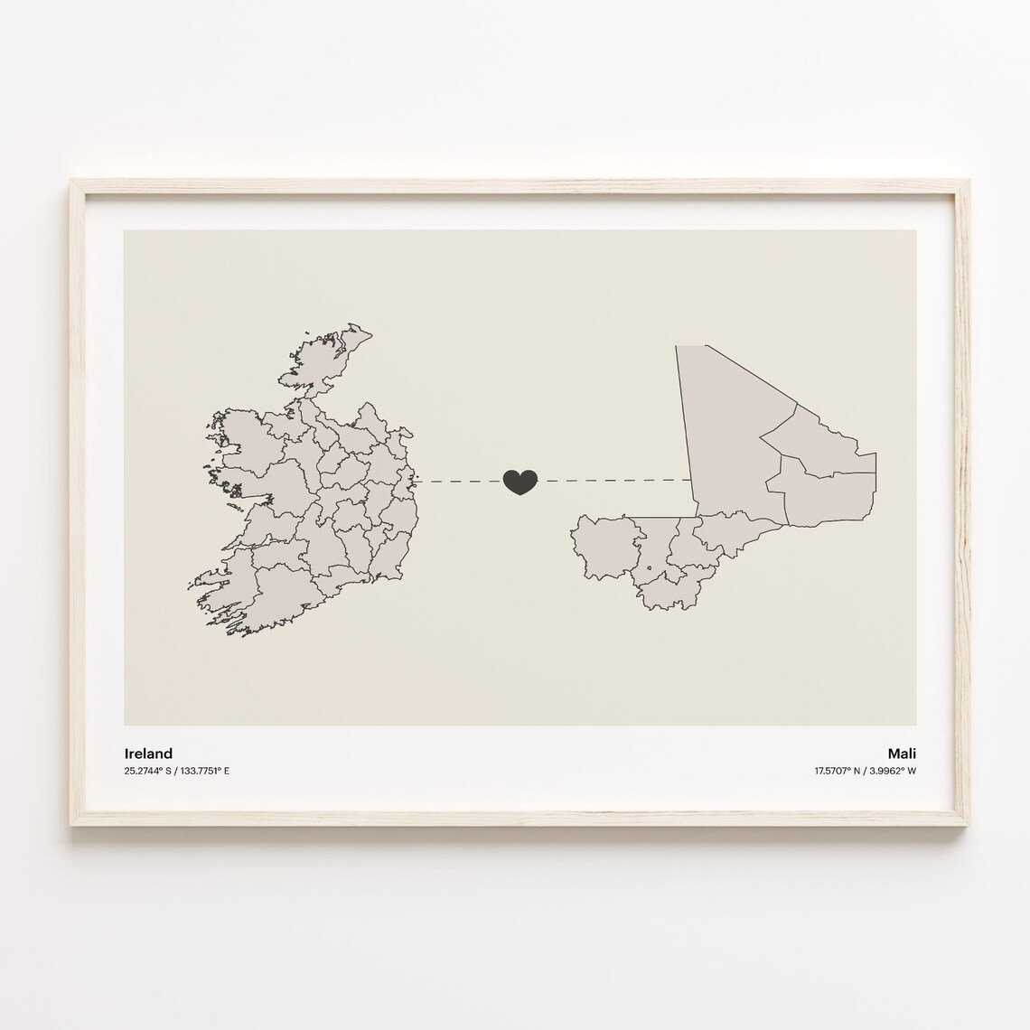 Ireland To Mali Minimalist Heart Long Distance Connection Poster