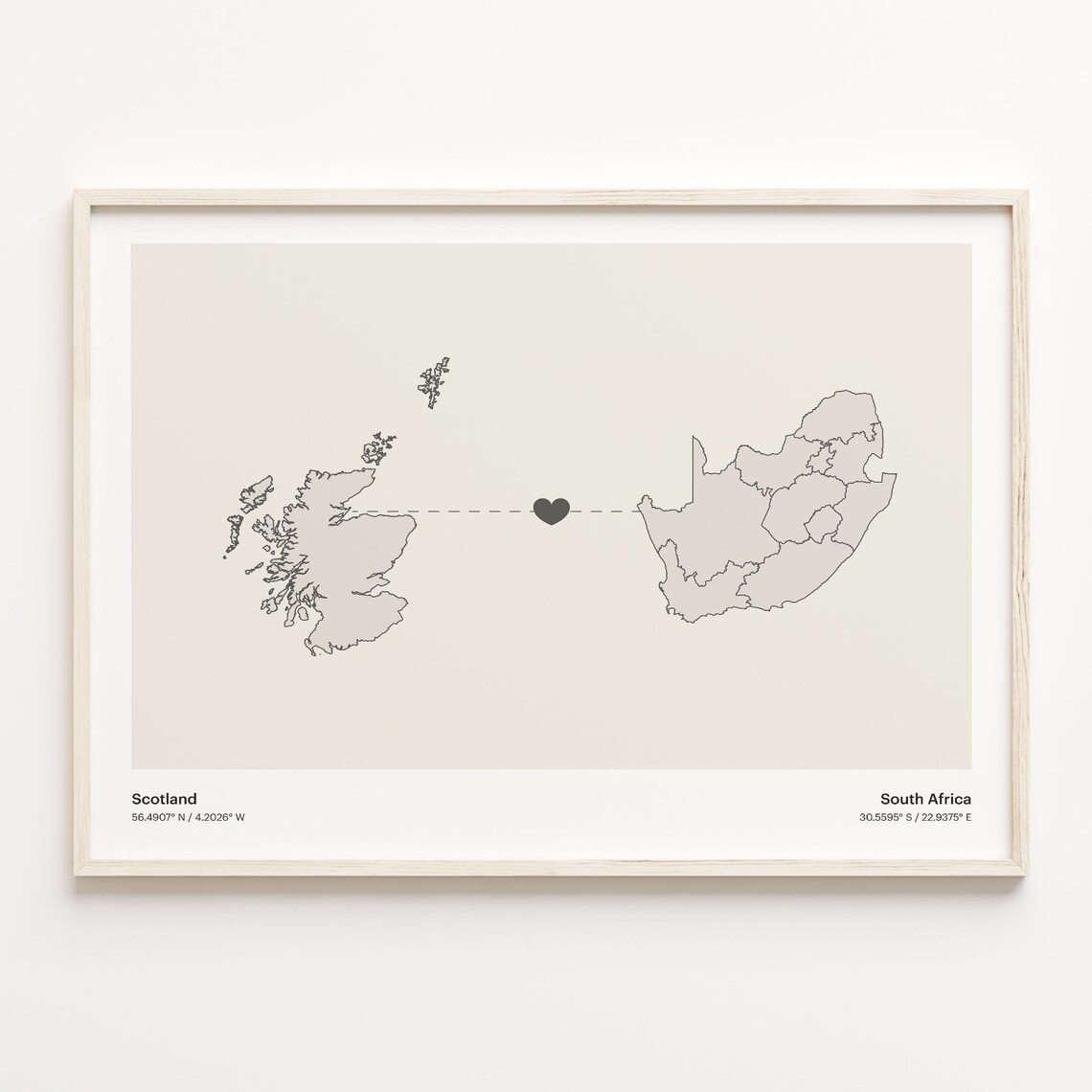 Scotland To South Africa Heart Connection Minimalist Beige Map Poster