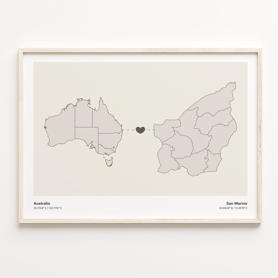 Australia To San Marino Heart Map Minimalist Country Connection Poster