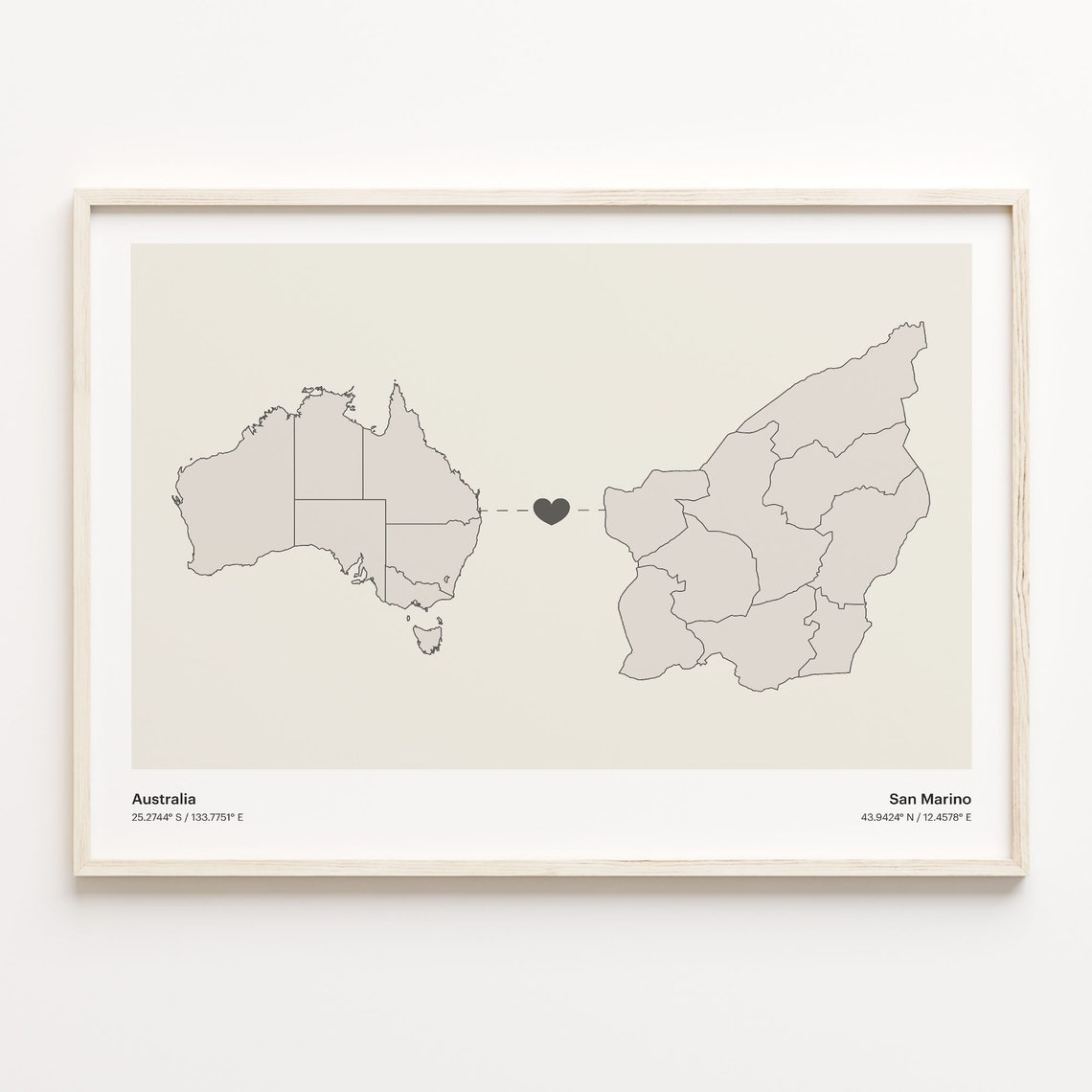 Australia To San Marino Heart Map Minimalist Country Connection Poster