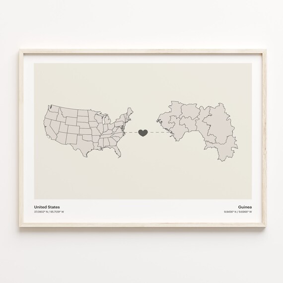 United States To Guinea Long Distance Heart Connection Map Poster