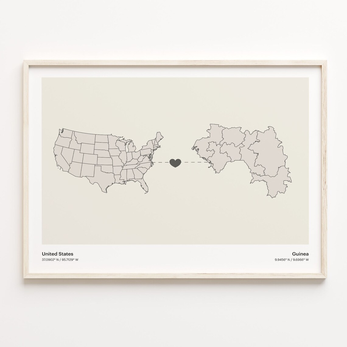 United States To Guinea Long Distance Heart Connection Map Poster