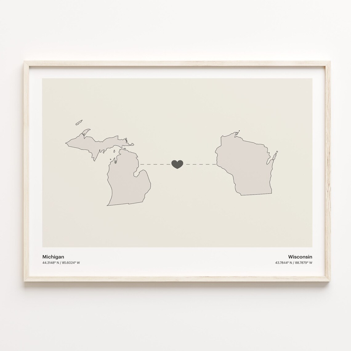 Michigan to Wisconsin Minimalist Long Distance Connection Map Poster
