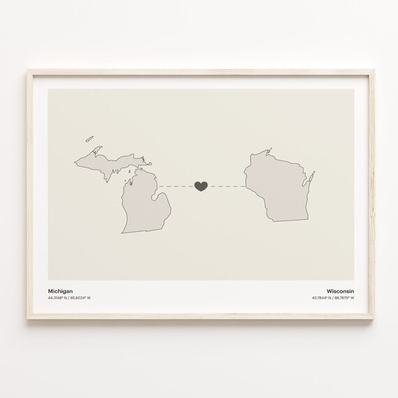 Michigan to Wisconsin Minimalist Long Distance Connection Map Poster