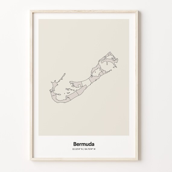 Bermuda Island Map Beige Line Outline Minimalist Coordinates Poster