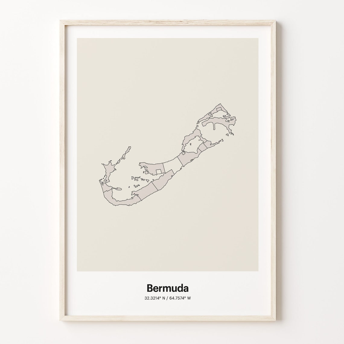 Bermuda Island Map Beige Line Outline Minimalist Coordinates Poster