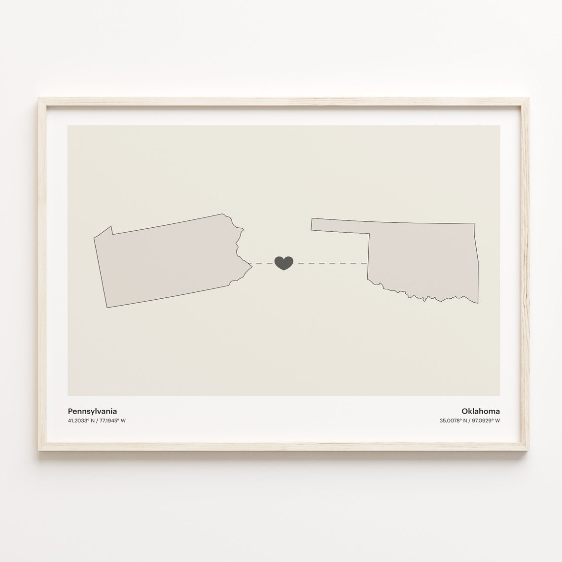 Pennsylvania and Oklahoma Long Distance Heart Map Connection Poster