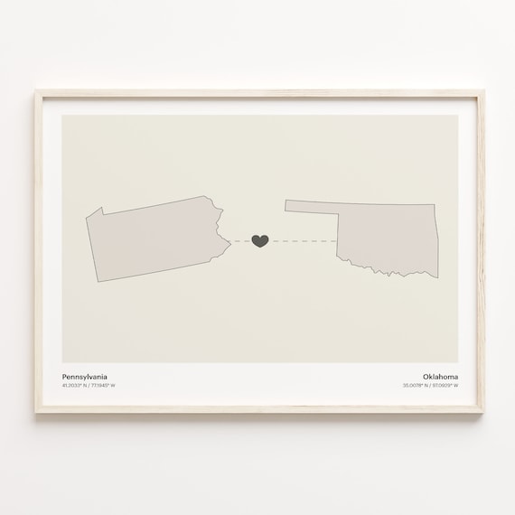 Pennsylvania and Oklahoma Long Distance Heart Map Connection Poster
