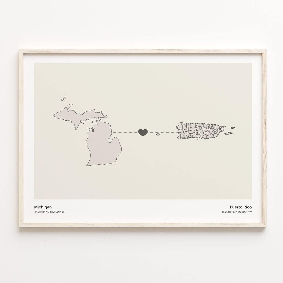 Michigan To Puerto Rico Minimalist Heart Map Connection Print