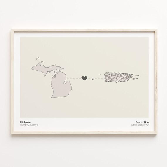 Michigan To Puerto Rico Minimalist Heart Map Connection Print