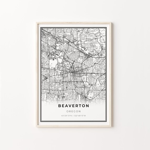 Beaverton Oregon Modern Minimalist Black White Street Map Poster
