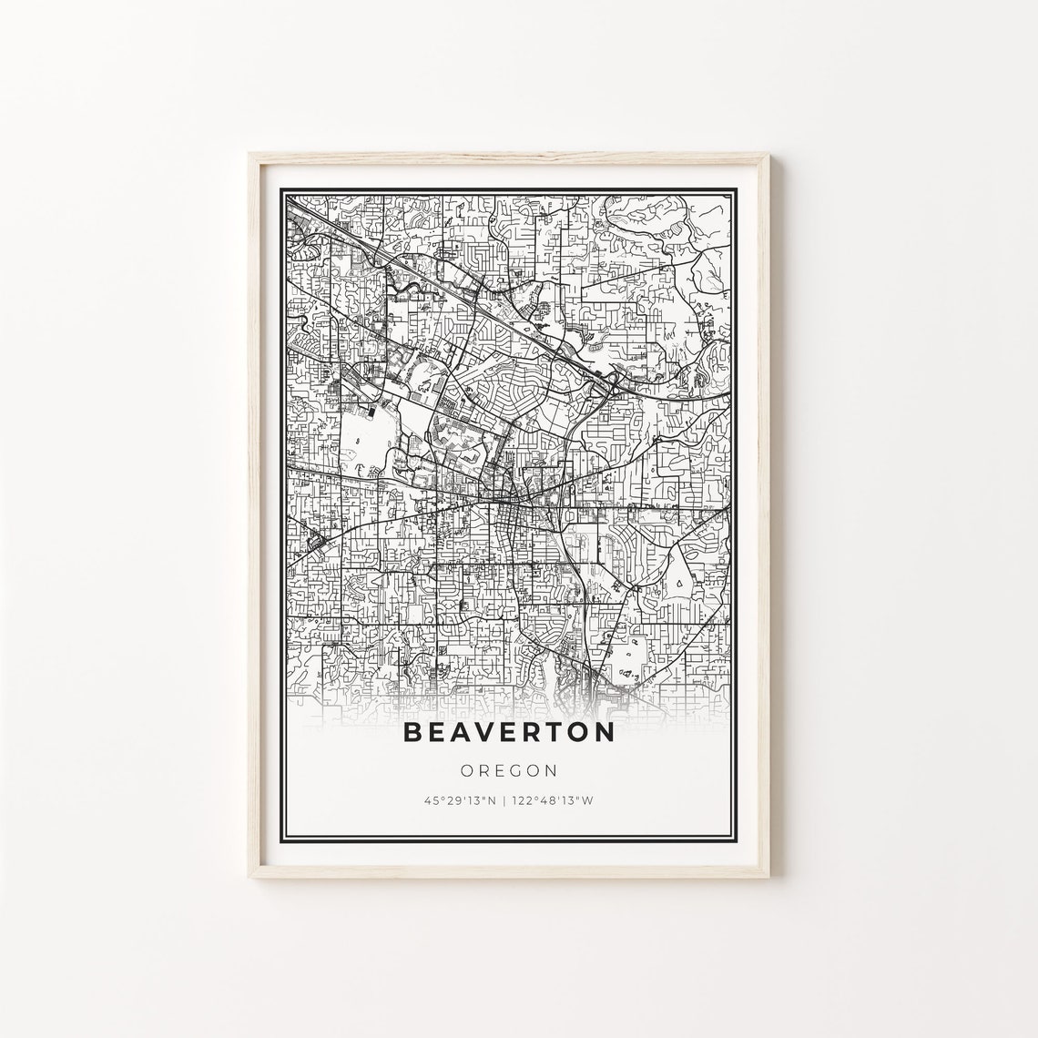 Beaverton Oregon Modern Minimalist Black White Street Map Poster