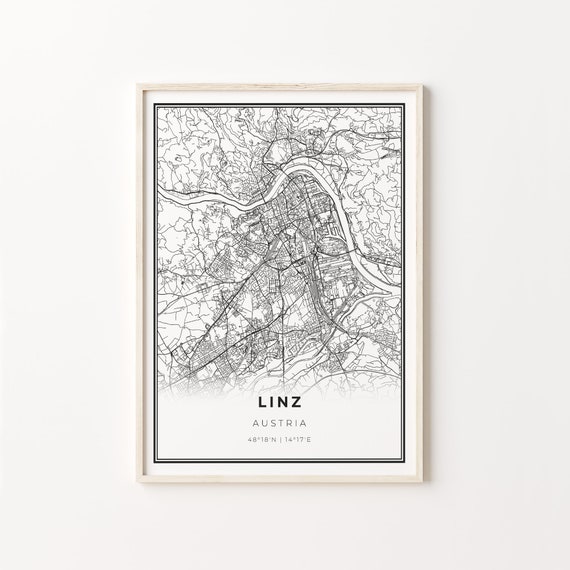 Linz City Map Art Poster, Modern Black And White