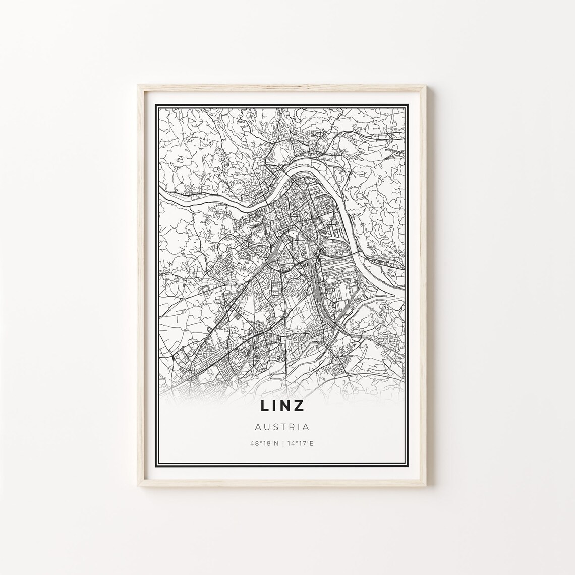 Linz City Map Art Poster, Modern Black And White