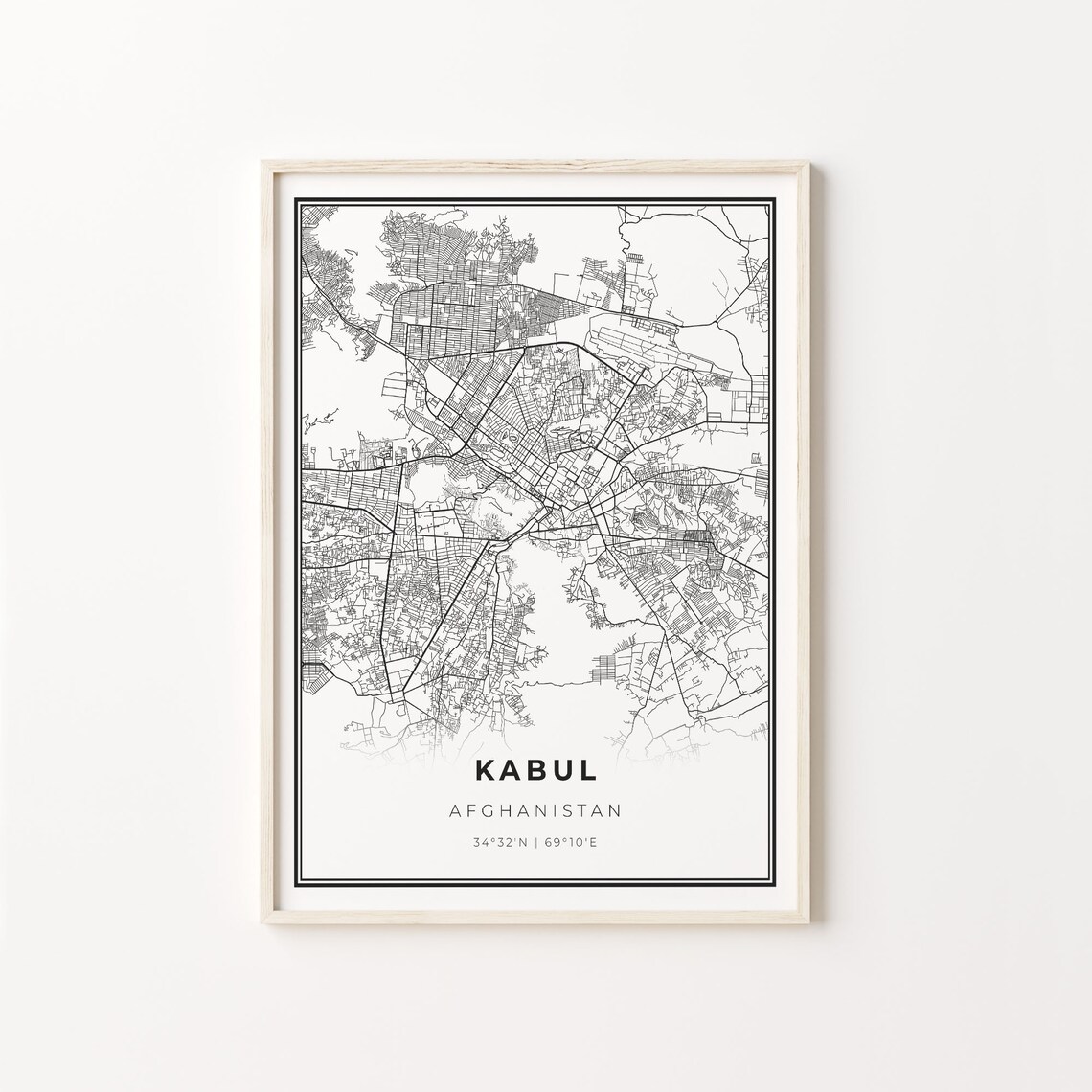 Kabul Afghanistan Black White Minimalist City Street Map Art Poster