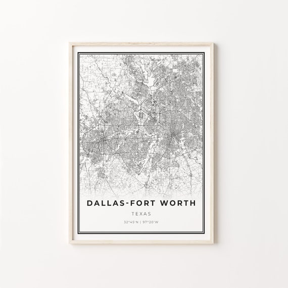 Dallas Fort Worth DFW Map Poster, Modern Black and White