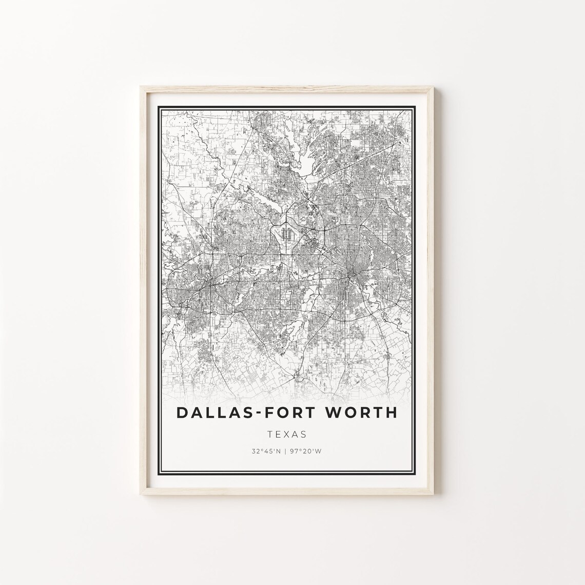Dallas Fort Worth DFW Map Poster, Modern Black and White