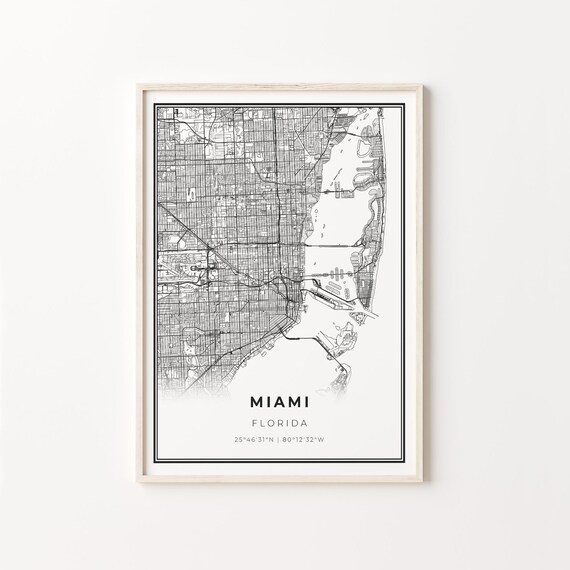 Miami Florida Minimalist Black White City Street Map Art Poster