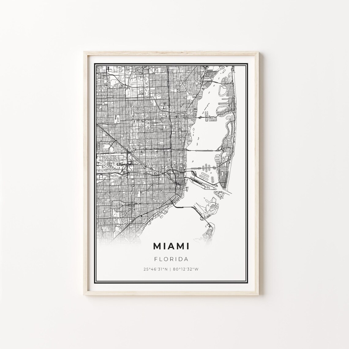 Miami Florida Minimalist Black White City Street Map Art Poster
