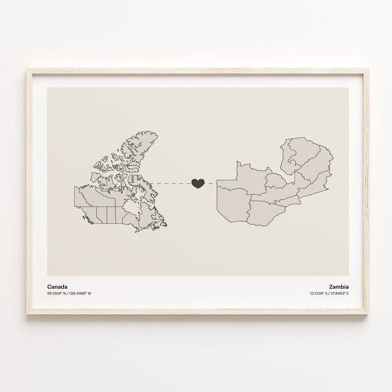 Canada to Zambia Long Distance Heart Map Connection Poster Gift