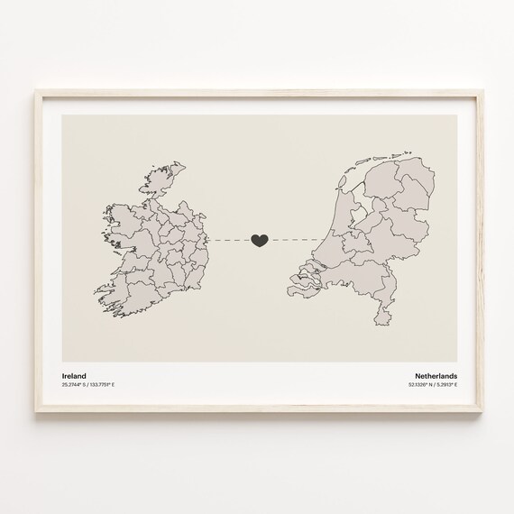 Ireland to Netherlands Minimalist Heart Connection Map Poster