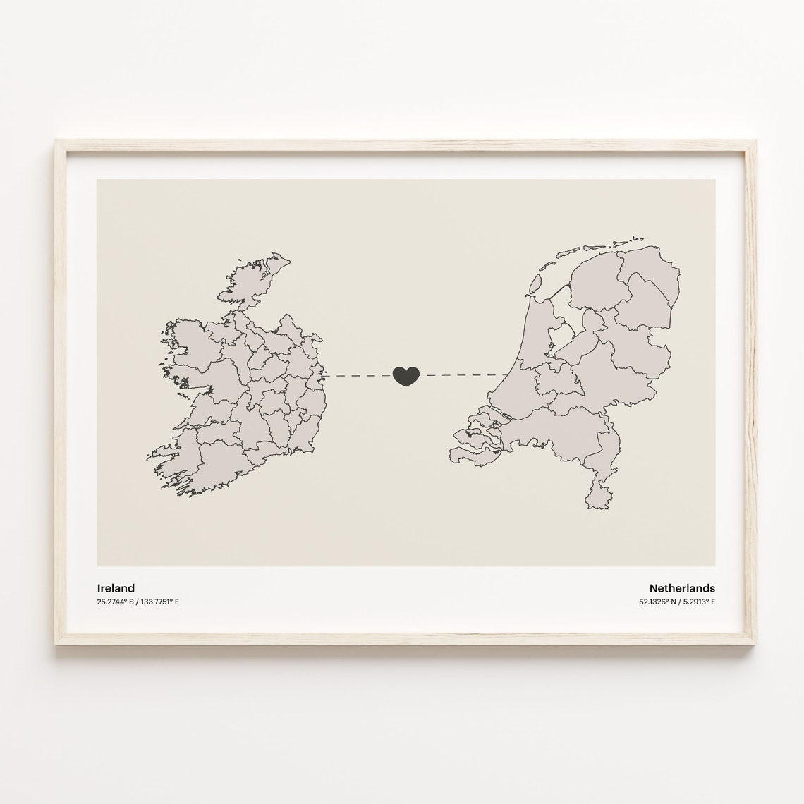 Ireland to Netherlands Minimalist Heart Connection Map Poster