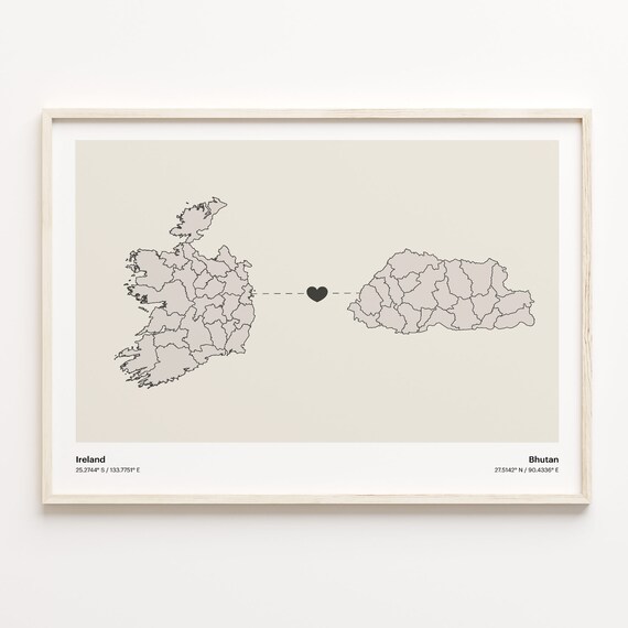 Ireland to Bhutan Heartfelt Long Distance Connection Map Poster